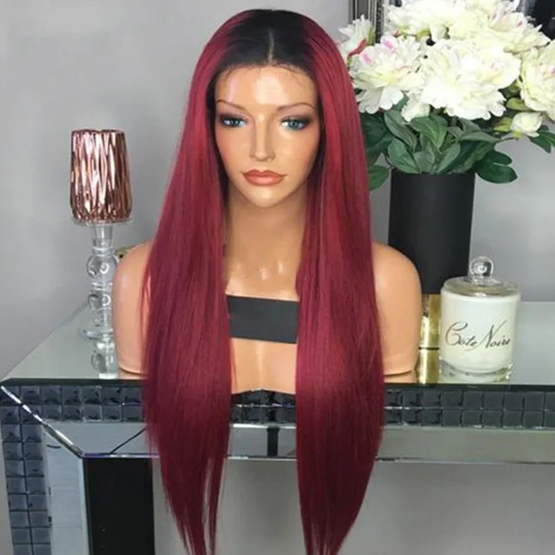 

1b 99J Silky Straight Human Hair Lace Frontal Wigs Burgundy Color 13*4 Ombre Lace Front Wigs For Black Woman Free Shipping DHl
