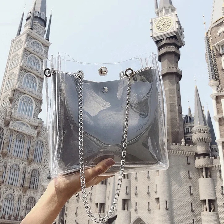 

wholesale fashion 2 in 1 women transparent clear pvc tote bag with leather pouch fashion transparent clear shoulder bag, White,pink,gray,black