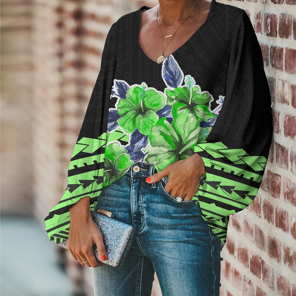 

Green Hibiscus Polynesian Tribal Floral Custom Print Women Sexy Plus Size Chiffon Shirts Fashionable Autumn Ladies Blouse Tops, Customized color