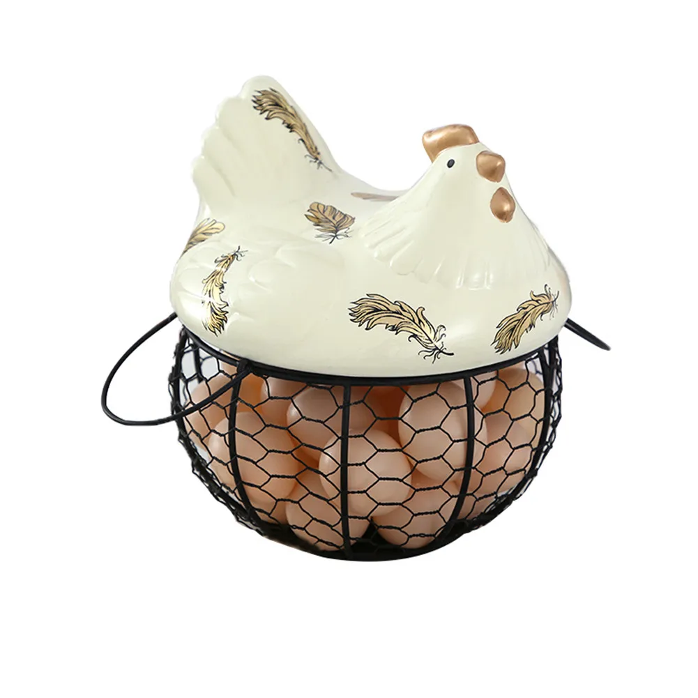 

Metal Wire Egg Storage Basket with Ceramic Chicken Top Handles Fruit Snacks Organizer Kitchen Decoration