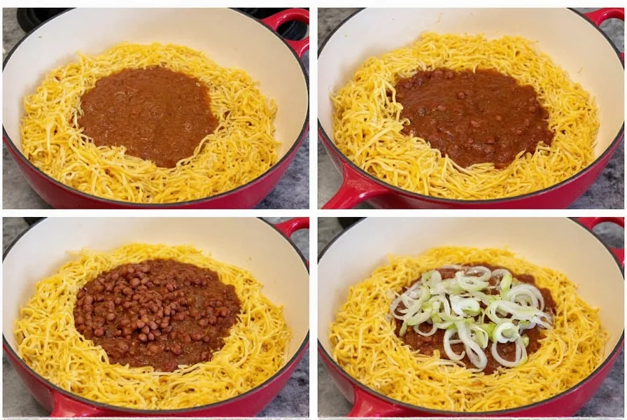 Step-by-step preparation of Cincinnati 5-way chili showing layering of spaghetti, chili, beans, cheese, and onions