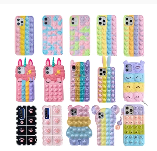 

For iPhone 11 12 Pro Max Case XS Max Xr X 6 7 8 Plus Push It Bubble Relieve Stress Rainbow Silicone Phone Cover
