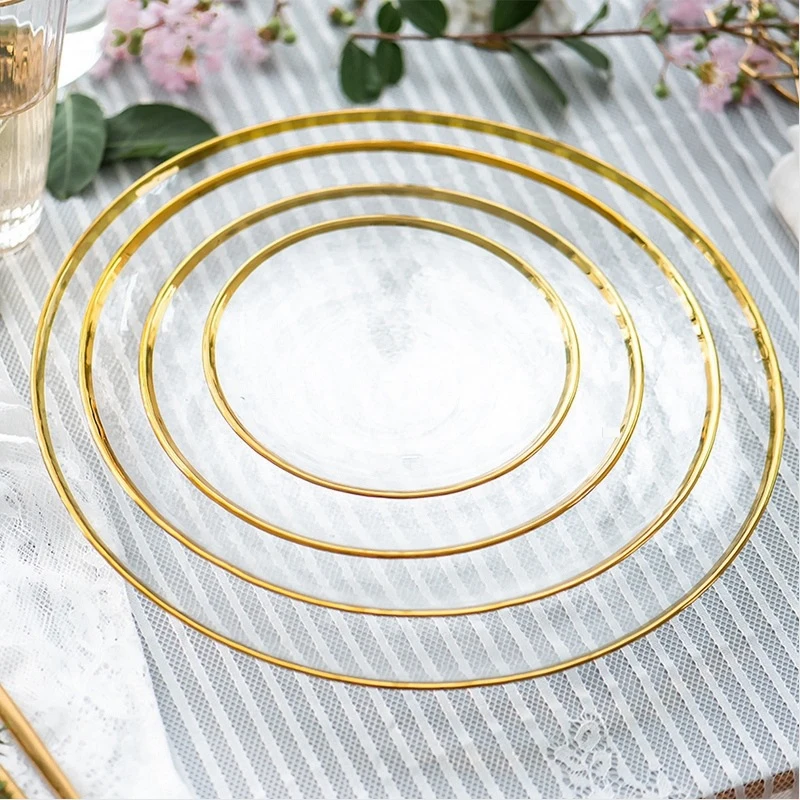 

Gilt Glass Tableware Household Transparent Gold Rim Charger Plate, Blue /black/white