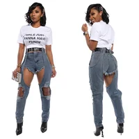 

*GC-T107 2020 lowest price high waist hollow-out washed shorts long leg patchwork denim Pant Jeans High Fashion Womens Clothing