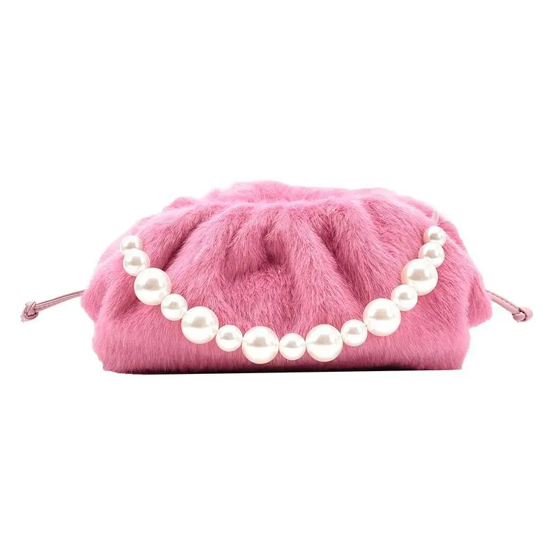 

2020 Winter fall fashion designer simple armpit handbag women dumpling pearl handle shoulder purse fur wrinkled cloud bag