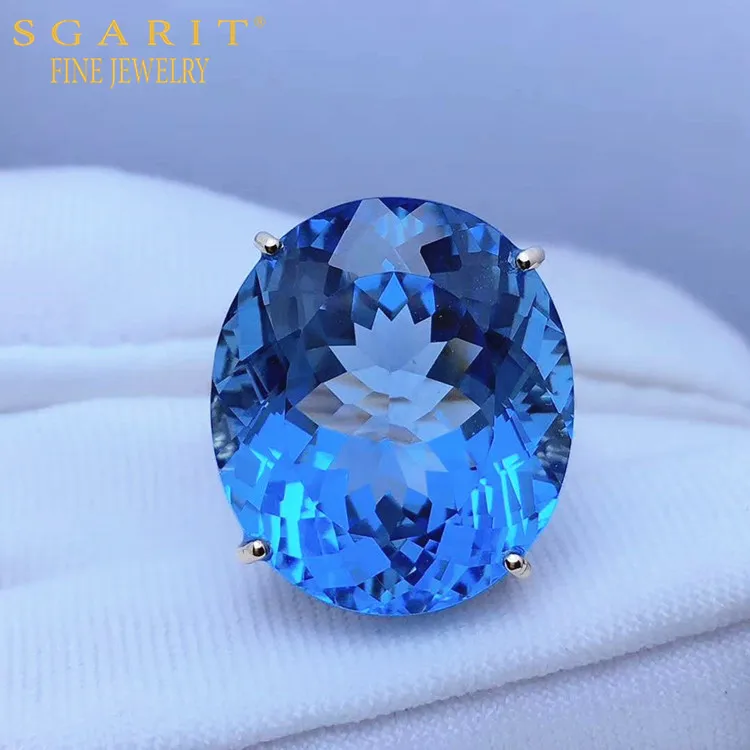 

SGARIT hot sale beautiful big gemstone jewelry 18k gold women ring 27.65ct natural blue topaz finger ring
