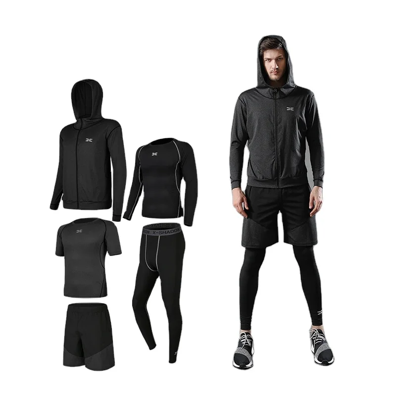 

Mens Compression Pants Jacket Suit gym Fitness Athletic Workout 5Pcs Outfit Running cloths, Multi color