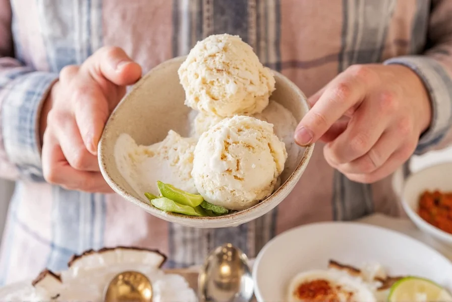 Bowl of coconut ice cream topped with spices