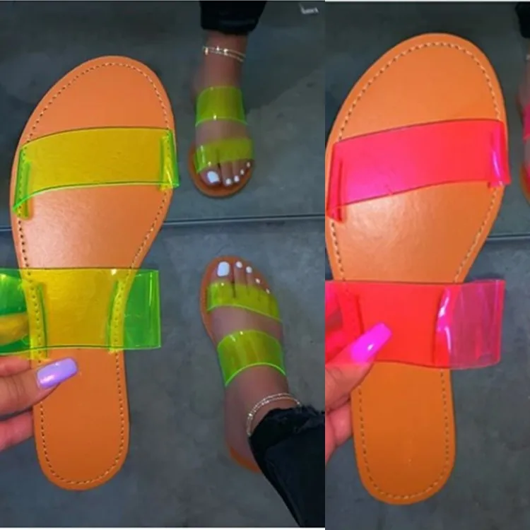 

Wholesale comfy slides Fashionable ladies shoes and sandals transparent pvc sandals Women's Slippers Two Straps Flat beach slipp