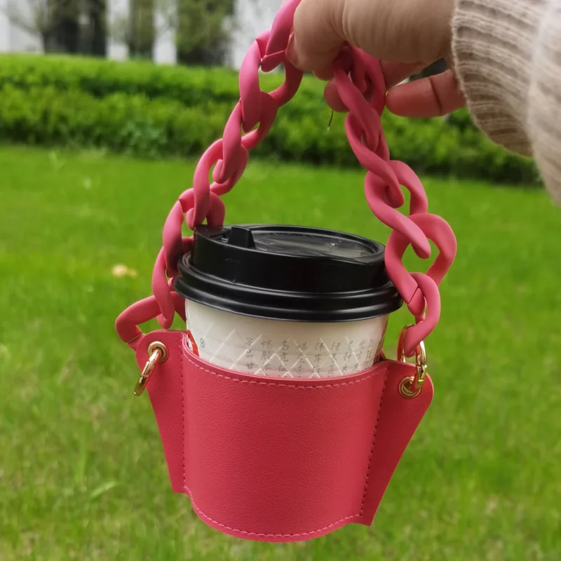 

Wholesale Reusable Coffee Cup Holder Leather Handle Cup Cover Colorful Chain Portable Cup Sleeve with Amber Chain, Candy colors