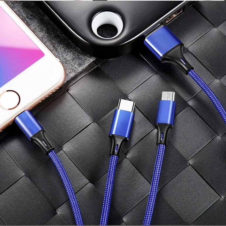 
Mobile phone nylon multi-function charger 3 in 1 USB charging cable 