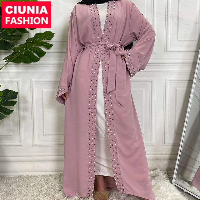 

1838# 5 Color Hot Sale Pearls Open Fashion Kimono Modern Islmaic Muslim Clothing Dubai Abaya For Women