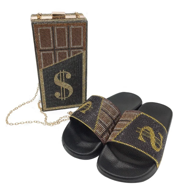 

New design rhinestone bling slippers mini handbag luxury women fashion matching shoe and bag set