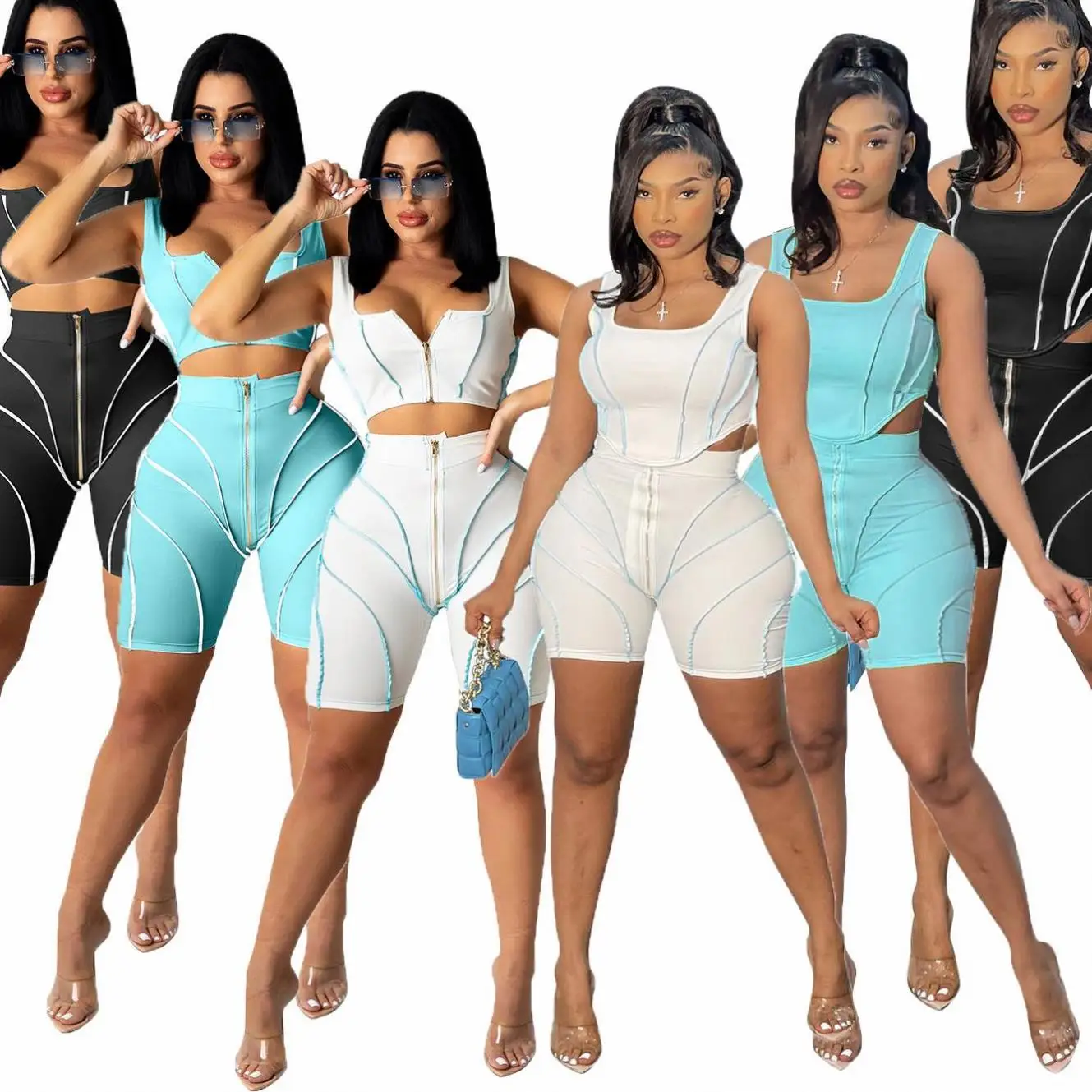 

Women Set Solid Zipper Square Collar Sleeveless Crop Tops Stretchy Shorts Two 2 Piece Set Active Tracksuit Outfit Summer