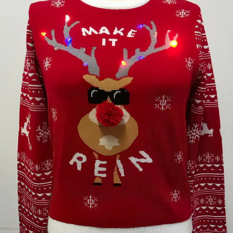 Custom pullover ugly christmas led sweater funny deer christmas sweater with led lights xxxxl christmas jumper with led lights
