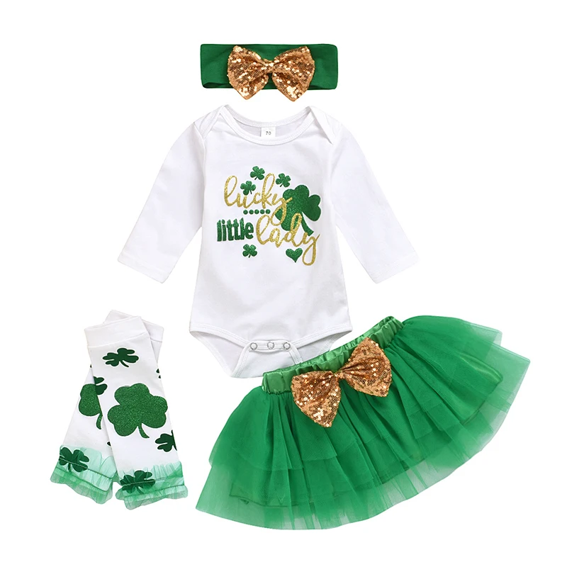 

Wholesale Children's Boutique Clothing St. Patricks Day Baby Rompers 4 Pcs Clothes Sets, As picture showed