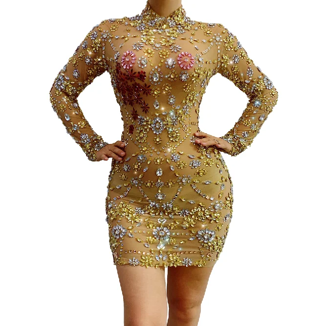 

Novance Y2022 Sparkly Gold Rhinestone Transparent Sexy Party Dress Women Long Sleeve Birthday Mini Bodycorn Dress