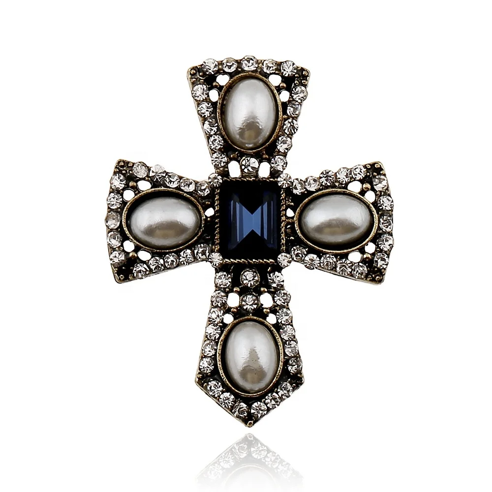 

Retro Palace Cross Brooch Exaggerated Personality Alloy Brooch Pearl Rhinestone Women's Brooch, Silver