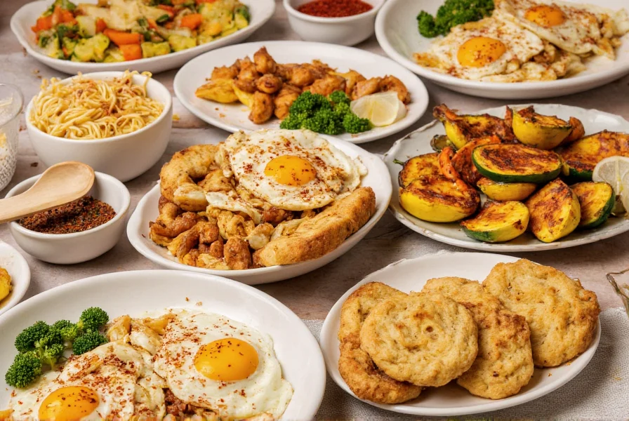 Various dishes seasoned with crushed red pepper including pasta, eggs, and roasted vegetables