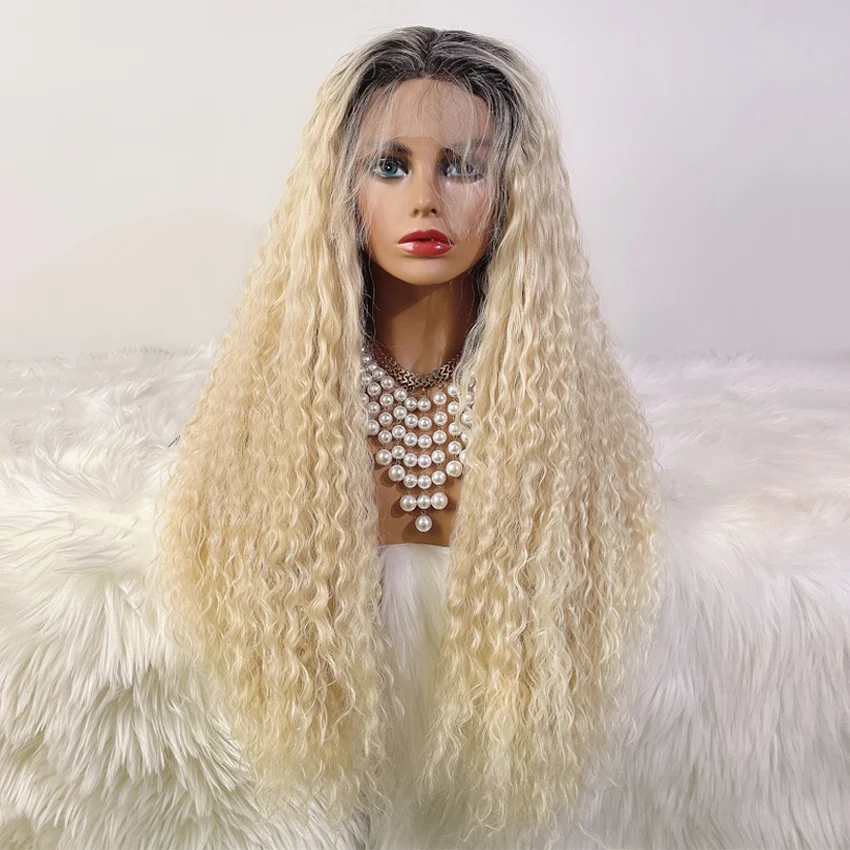 

Black Root Ombre Blonde Front Lace Synthetic Wig Optimum Density Curly with Baby Hair Synthetic Lace Wig
