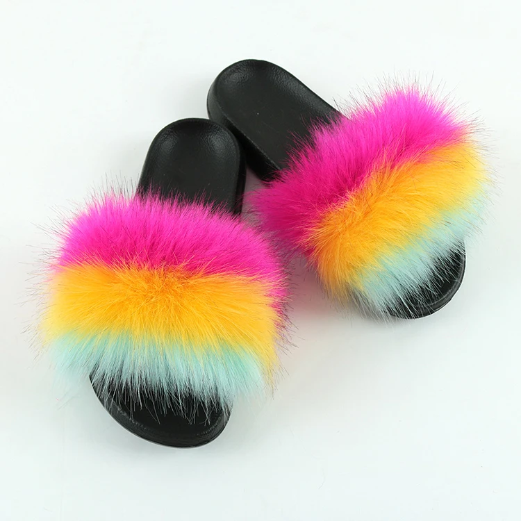 

2021 New Design Fluffy Multicolor Super Soft Furry Girl Designer Fur Slippers Womens Fur Slides, Custom color
