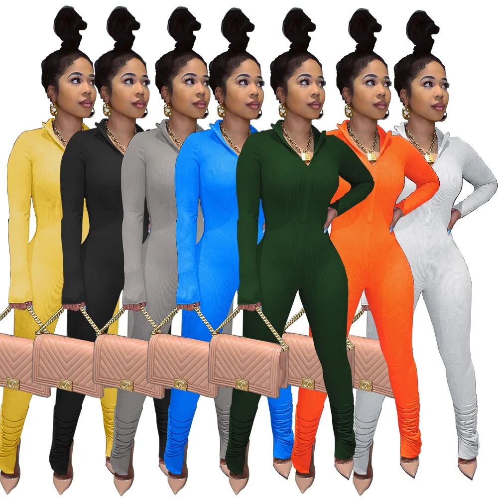 

BN7146 New fashionable cheap sport fashion jumpsuit for women solid color stacked pants romper long sleeve jumpsuit for women