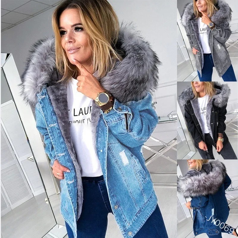 

New Warm Hooded Coat Denim Top Women's Bomber Jacket 2021 warm coat for women's in spanish wool coat blue denim women's jacket, Customized color