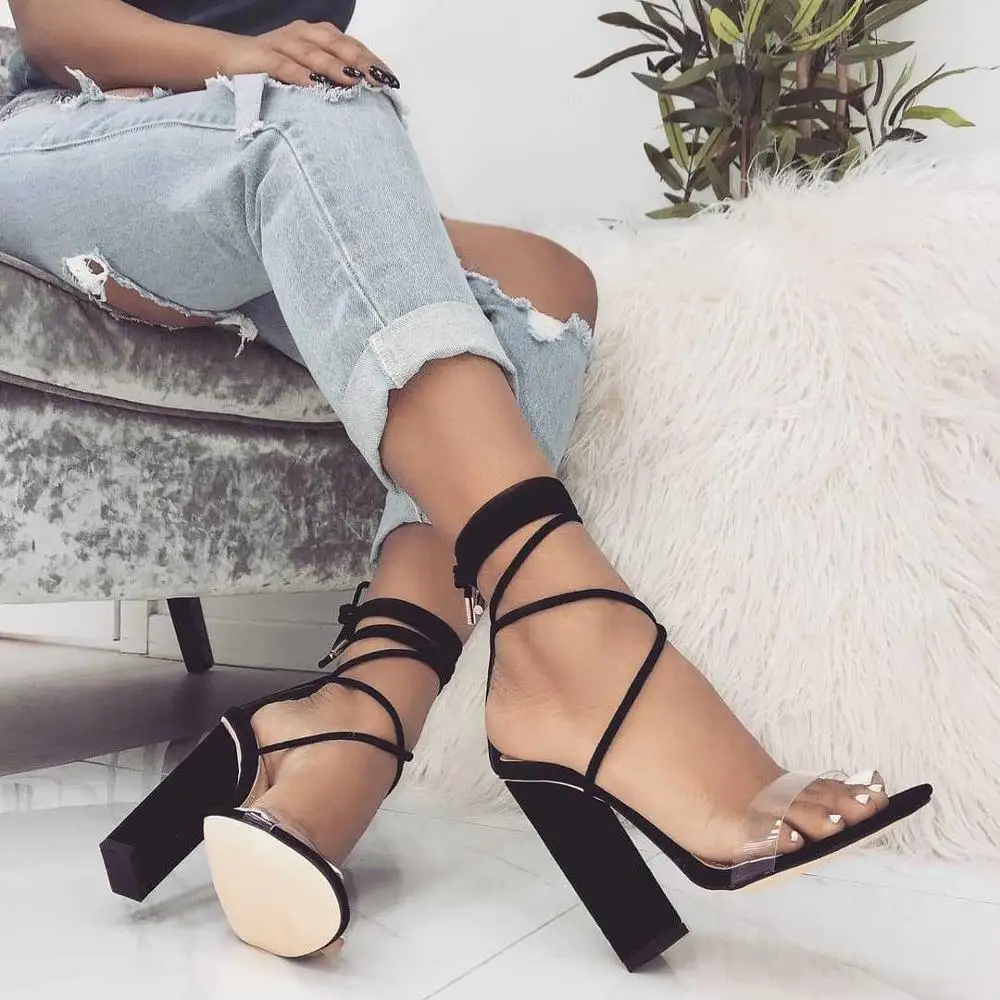 

classic style cross belt cross strap women thick high heels sandals