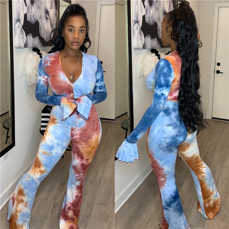 Best Seller Fall 2021 Fashion Sexy Tie Dye  Hollow Out Top And Pants Women Clothes Womens Two Piece Set