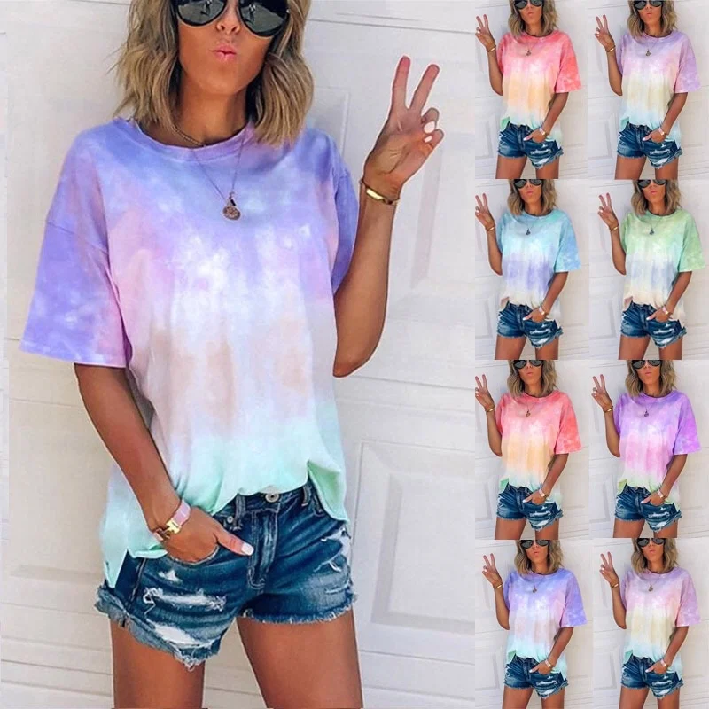 

O53 top Plus Size Women's Summer Tie-Dye Short Sleeve Crew-Neck T-Shirt Female Streetwear Tee Top
