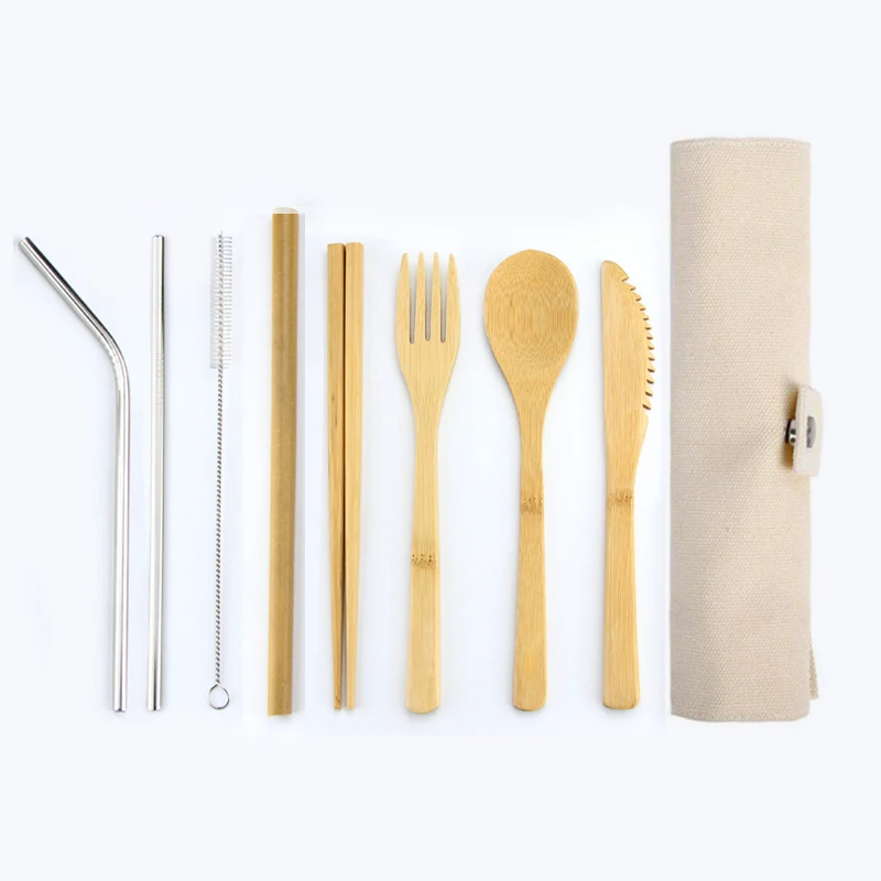 

Wholesale Eco-Friendly bamboo flatware travel reusable bamboo cutlery set with bag