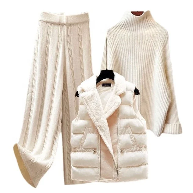 

2024 New Women's Thickened Vest High Neck Knitted Sweater Wide Leg Pants Three Piece Set for Autumn and Winter