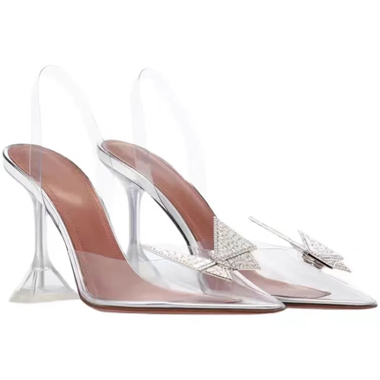 

heel sandals Diamond crystal butterfly PVC transparent sandals for woman cover toe heel slipper ready stock