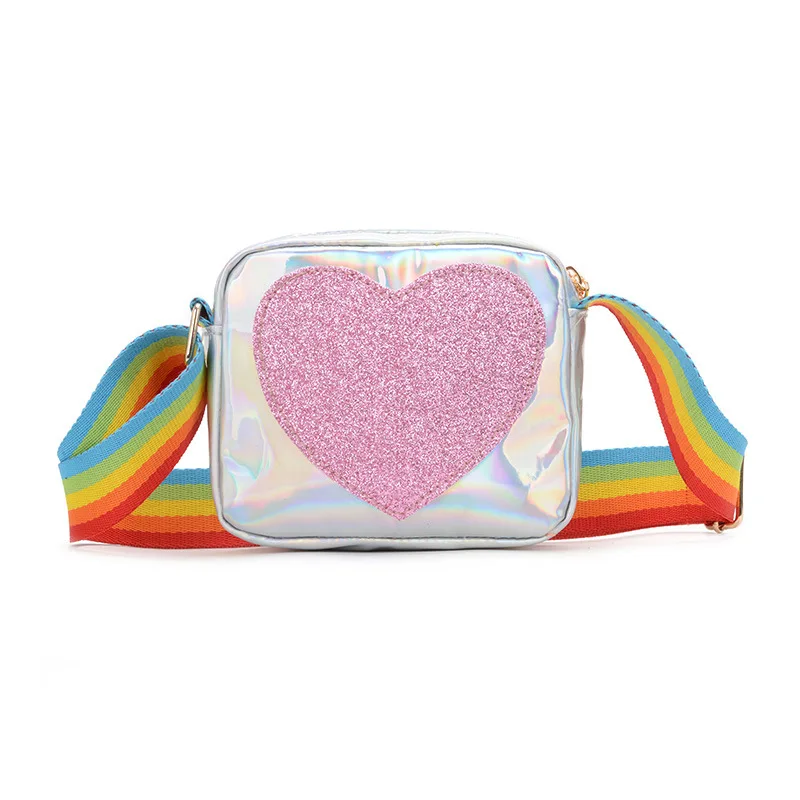 

Laser Patent Leather Sequin Bag Rainbow Wide Shoulder Strap Square Crossbody Children'S Bags Leisure Messenger Bag