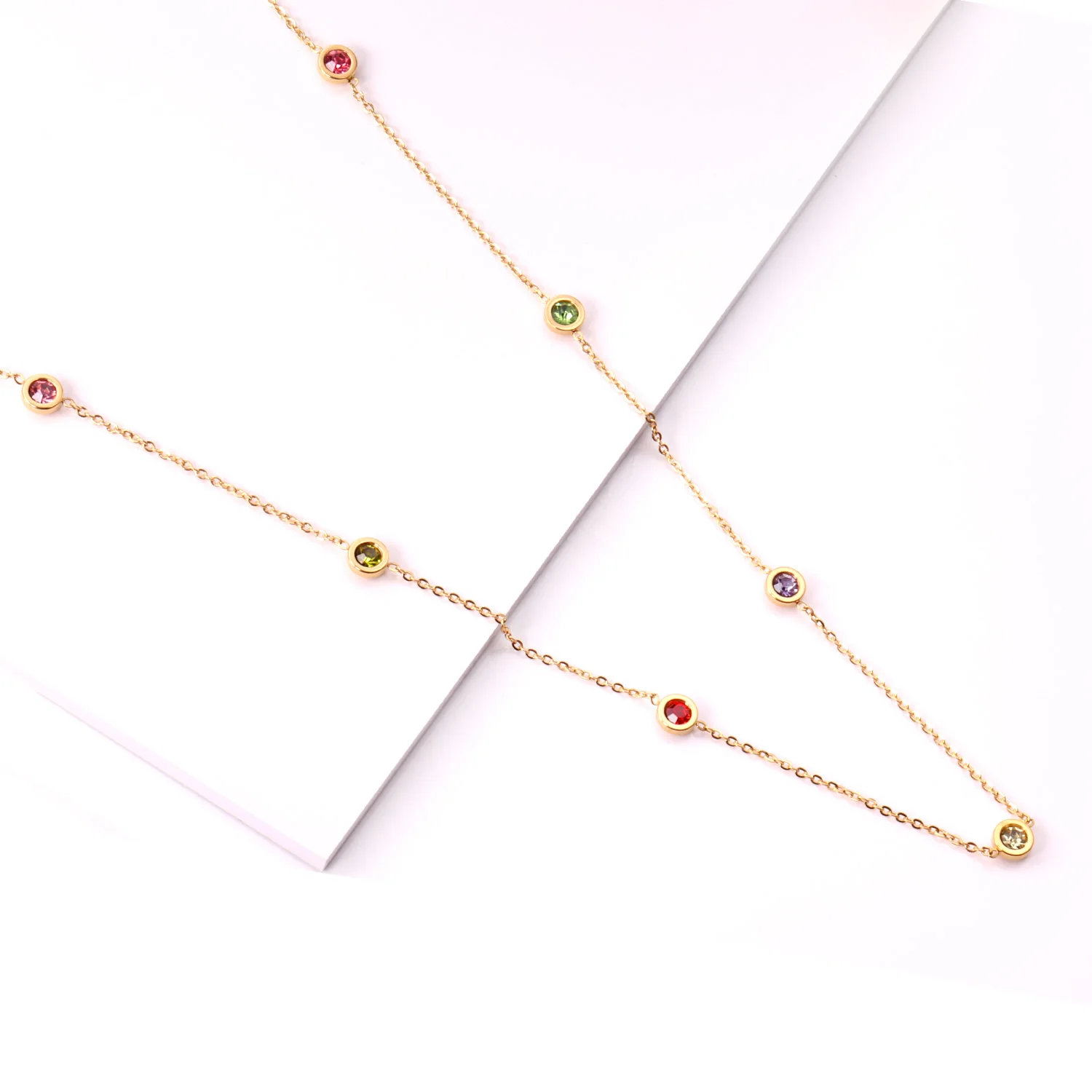 

Round Zircon Pendants Necklaces Gold Color Stainless Steel Long 57cm+5cm Link Chains Necklaces Costume Accessories