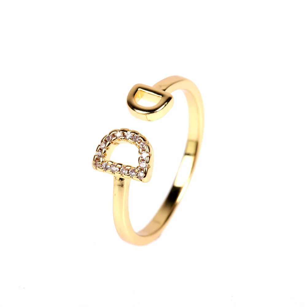 

Amazon Hotselling Gold Plated Cubic Zircon Letter Open Rings Double Letter D CZ Open Finger Rings