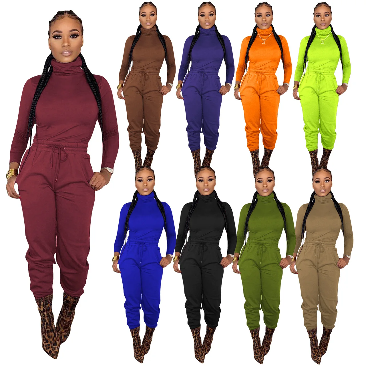 

2020 Autumn Sportswear Outfits Women Turtleneck Tie Waist Two Piece Sets