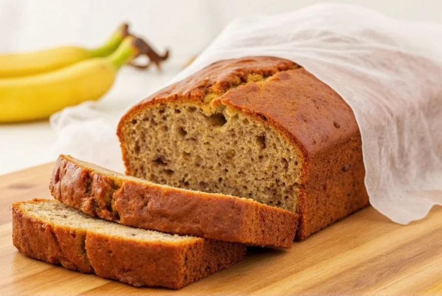 Perfectly baked banana cinnamon loaf with golden crust and moist interior, sliced to show tender crumb