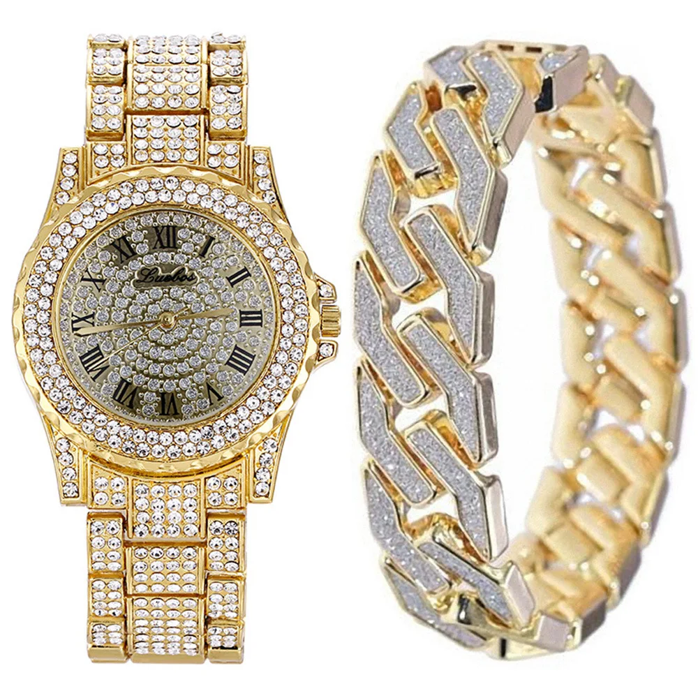 

Gold Plated Cuban Chain Bracelet Bling Glitter Pave Zircon Watch Full Rhinestone Crystal Bracelet Watch Set For Men Women