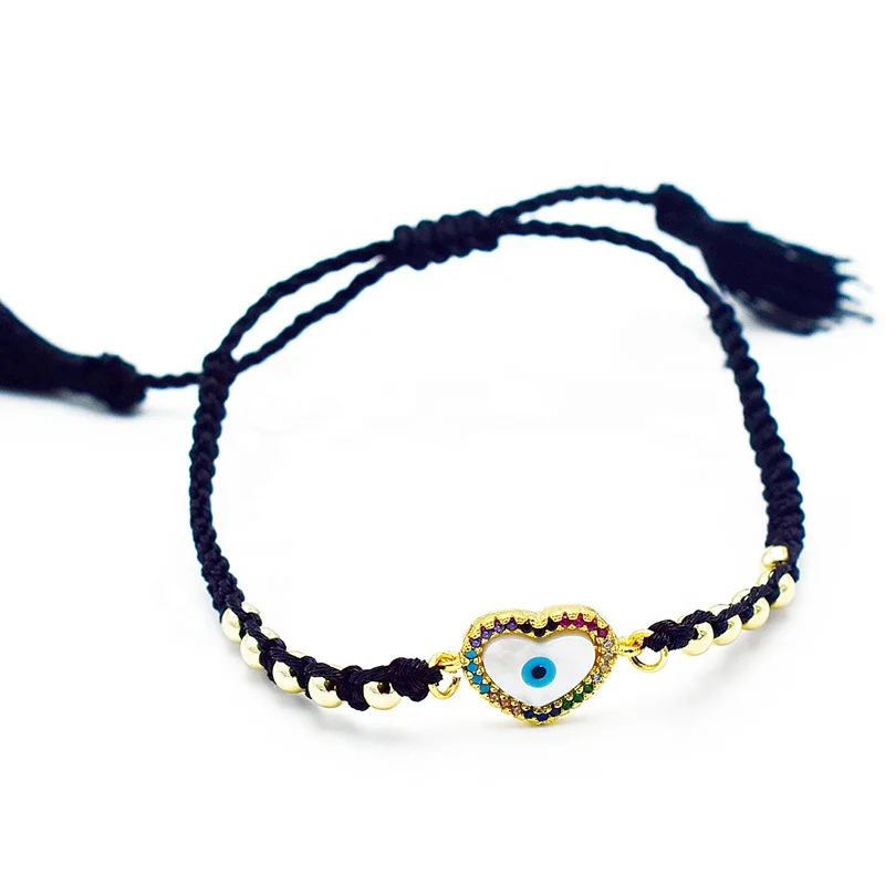 

Wholesale custom Braided rope adjustable MOP heart evil eye charm bracelet for girl