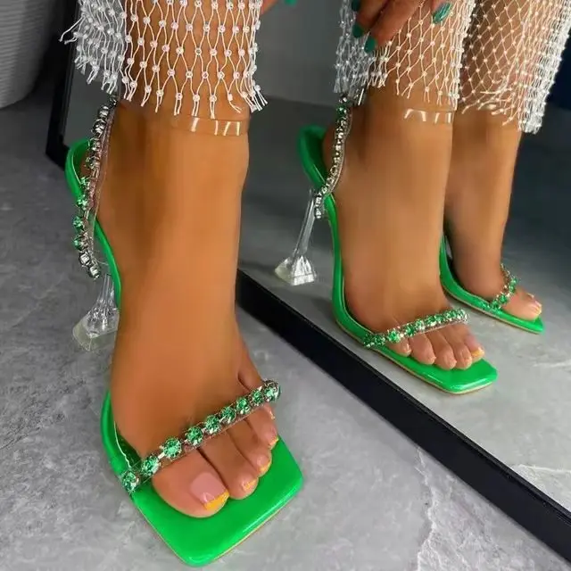 

Fashion Luxury Shoes Pvc Rhinestone Word With Crystal Wine Glass With Square Toe High-heeled Sandals, Black / green / apricot