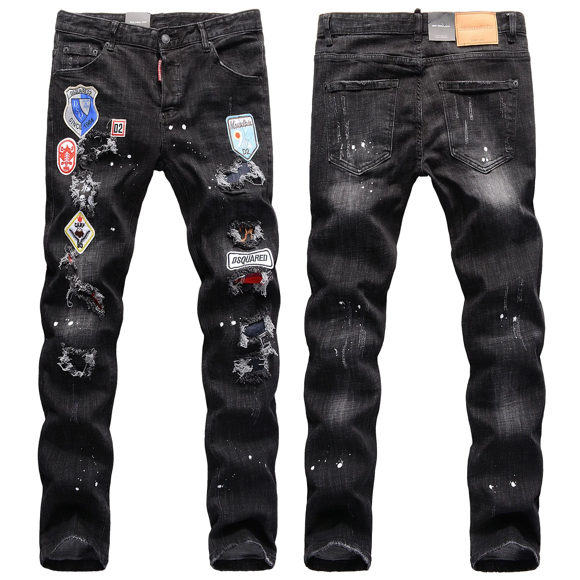 

Fashion DSQ2 Denim Pants Men's Patchwork Badge Paint Ripped Distressed Jeans