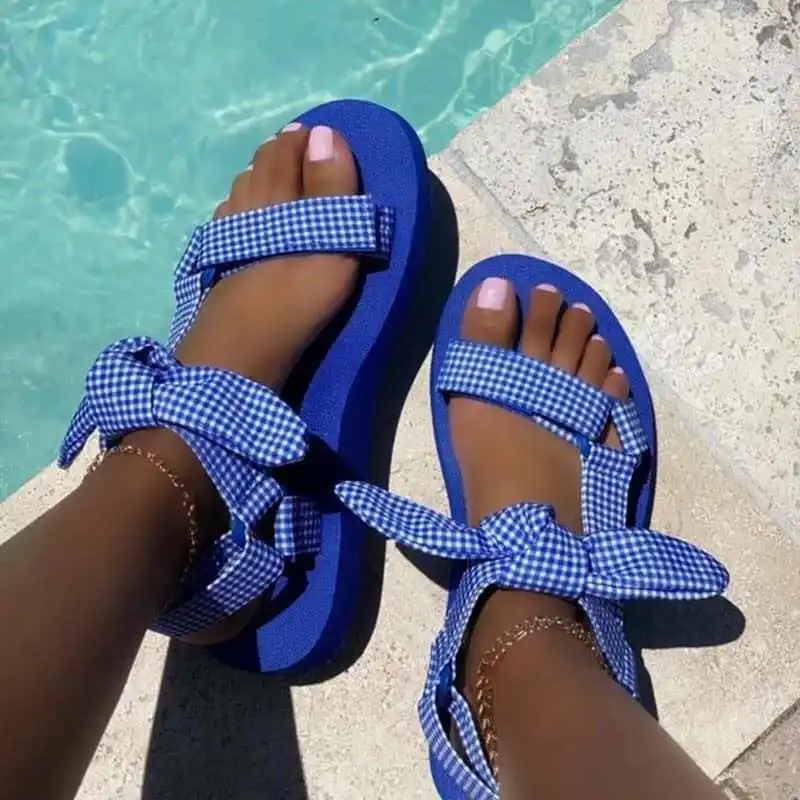 

2021 New arrival Ladies shoes Fashion Thick Bottom lattice bow sandals flat beach sandals for women and ladies, Black, pink,blue,leopard print,yellow,white