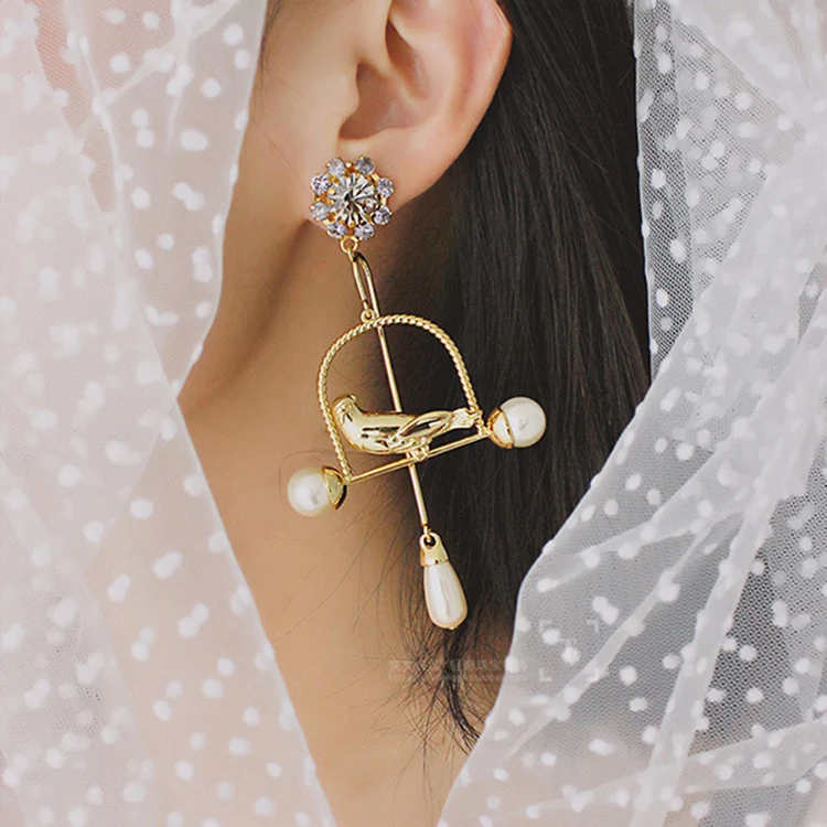 

Wholesale Zircon Diamond Statement Dangle Earring Baroque Pearl Bird Cage Earrings, Picture