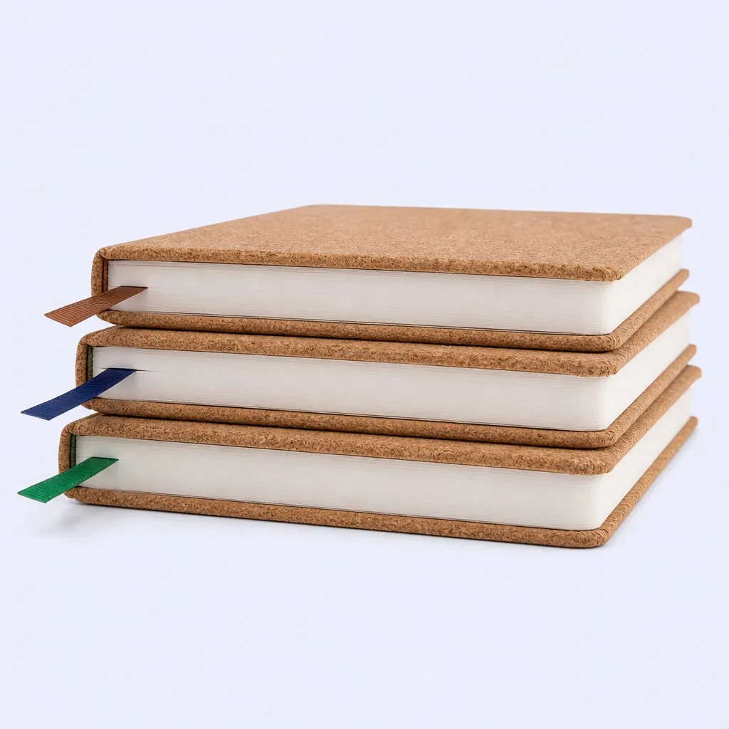 Three stacked cork notebooks with color ribbons