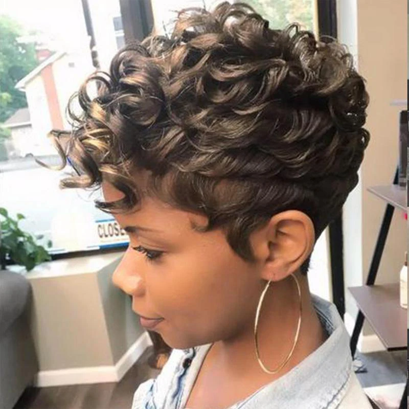 

African Wigs With Small Curly Hair European And American Ladies Short Curly Pixie Human Hair Wig For Black Women Brown Color