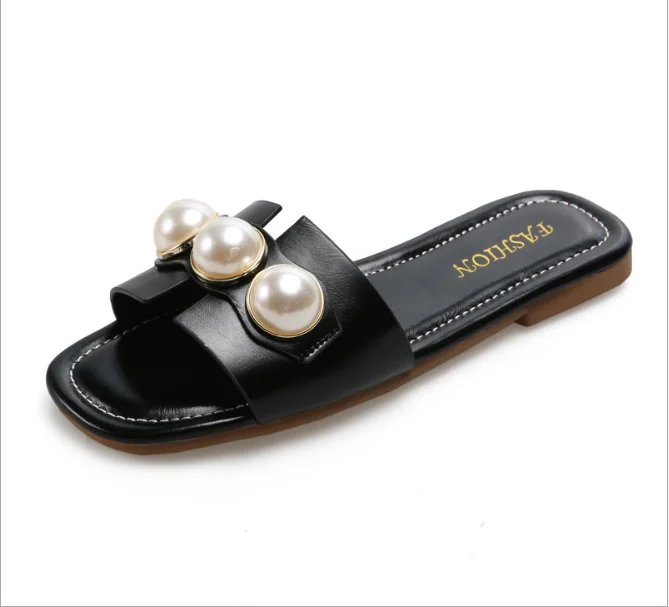 

2020 Fashion luxury pearl fancy women slide slippers laddies flat comfortable beach outdoor slippers, Black, beige, brown