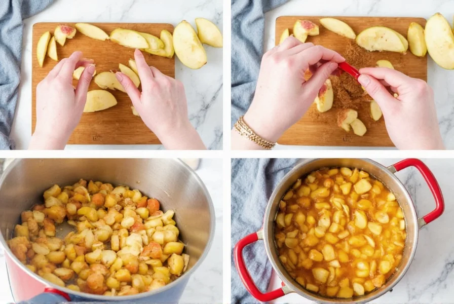 Step-by-step preparation of homemade cinnamon apples showing apple slicing, cinnamon measurement, and simmering process