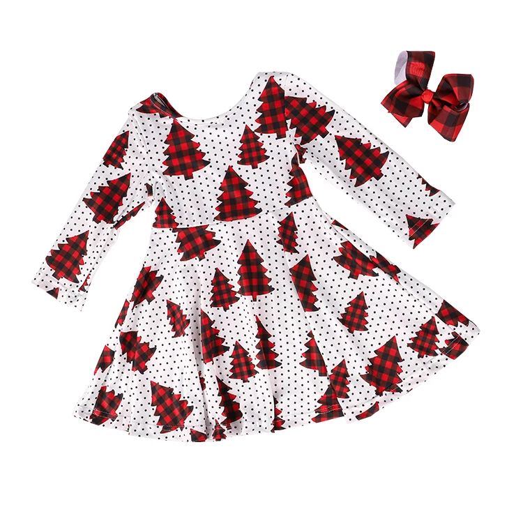 

Winter Girls Christmas Tree Print Dress Baby Long Sleeve Dress, Red