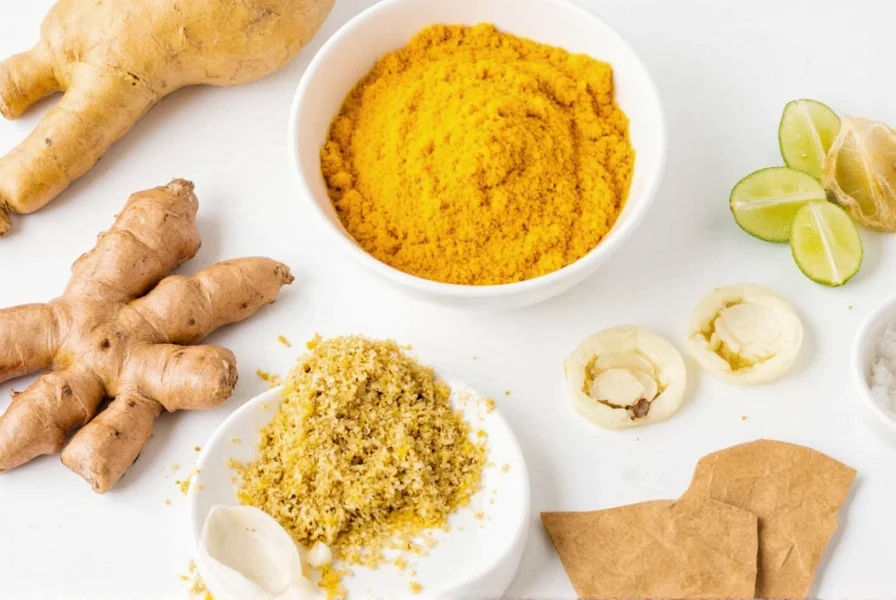 Assorted spices from the ginger family displayed creatively on a wooden surface